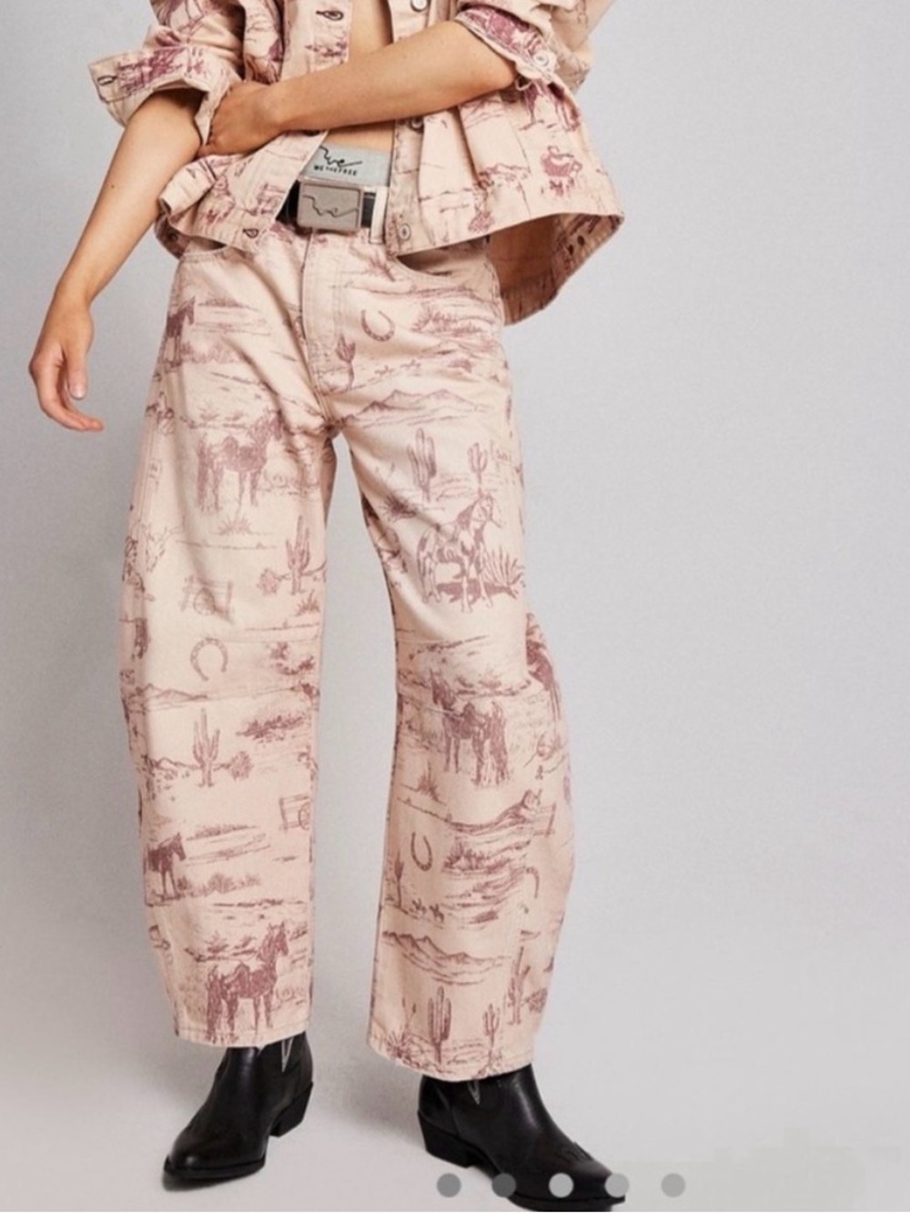 Free People Pink Western Print Wide Leg Jeans